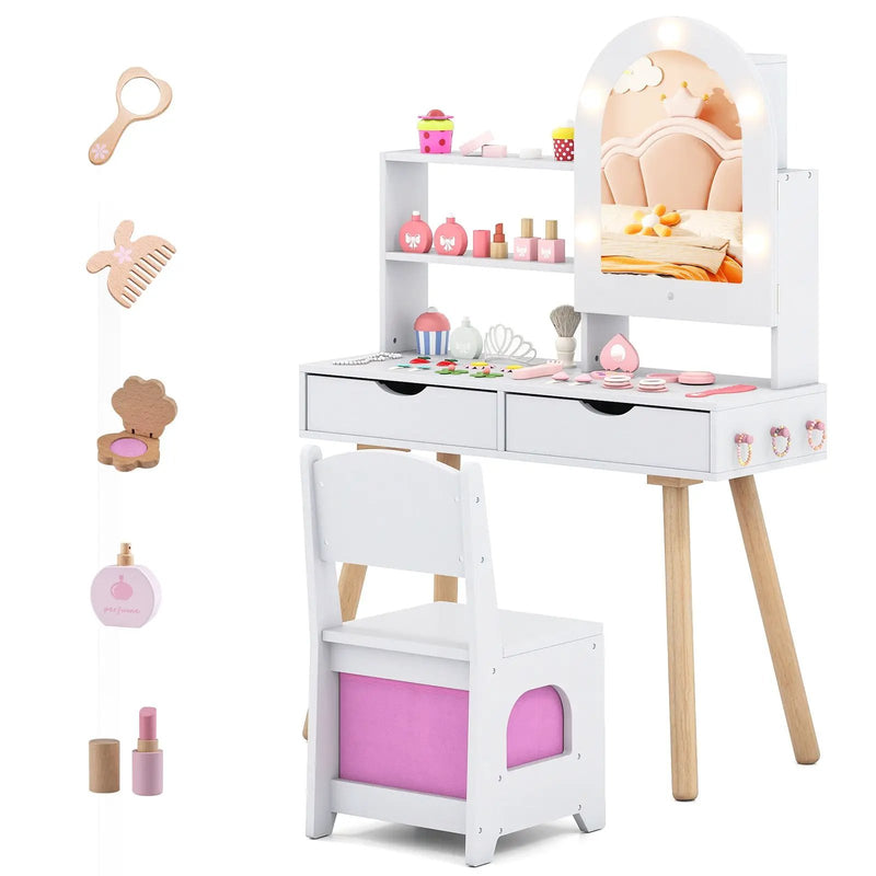 Kids Vanity Set Pretend Play Dressing Table Set with 3-Color Lighting Modes Adjustable Brightness and Mirror Cabinet by DirectDeals