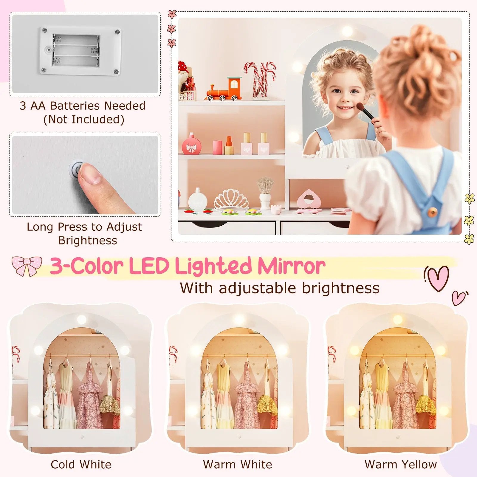 Kids Vanity Set Pretend Play Dressing Table Set with 3-Color Lighting Modes Adjustable Brightness and Mirror Cabinet by DirectDeals