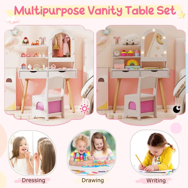 Kids Vanity Set Pretend Play Dressing Table Set with 3-Color Lighting Modes Adjustable Brightness and Mirror Cabinet by DirectDeals