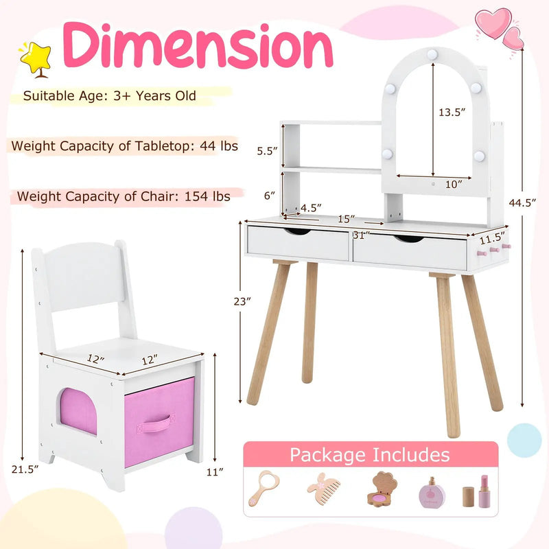 Kids Vanity Set Pretend Play Dressing Table Set with 3-Color Lighting Modes Adjustable Brightness and Mirror Cabinet by DirectDeals