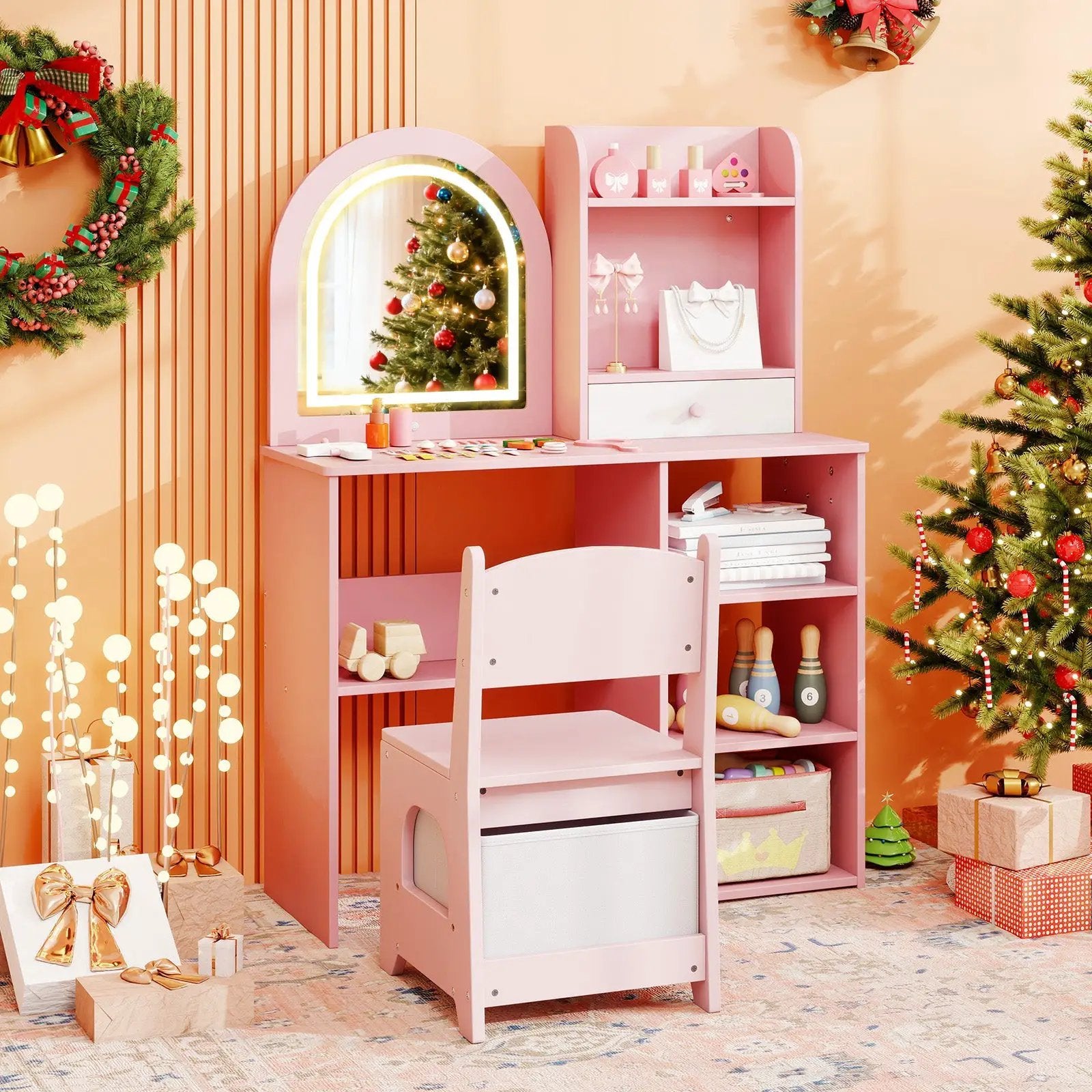 Kids Vanity Set Princess Girls Makeup Vanity Desk with Chair and 3-Color LED Lighted Mirror by DirectDeals