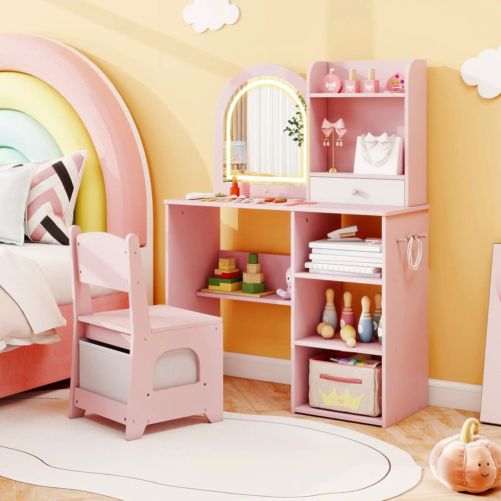 Kids Vanity Set Princess Girls Makeup Vanity Desk with Chair and 3-Color LED Lighted Mirror by DirectDeals