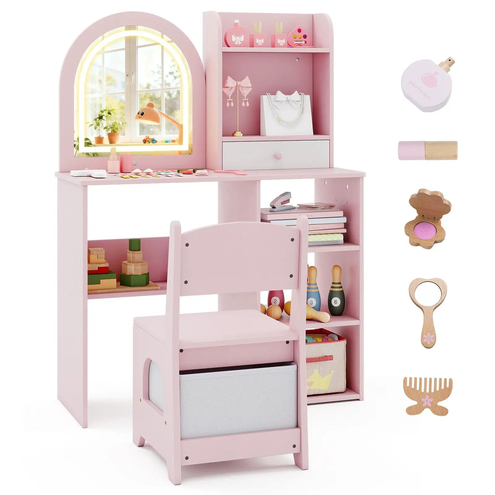 Kids Vanity Set Princess Girls Makeup Vanity Desk with Chair and 3-Color LED Lighted Mirror by DirectDeals