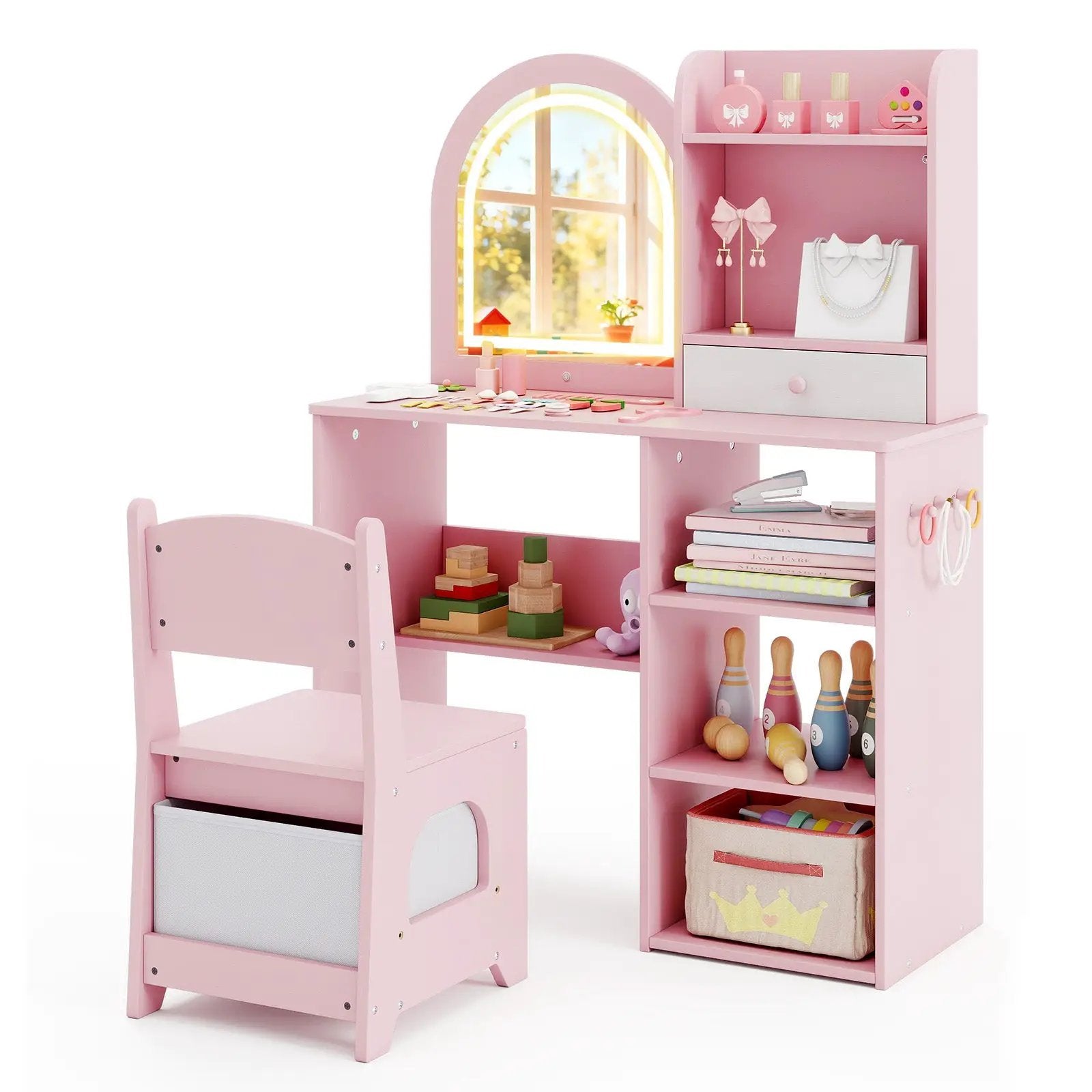 Kids Vanity Set Princess Girls Makeup Vanity Desk with Chair and 3-Color LED Lighted Mirror by DirectDeals