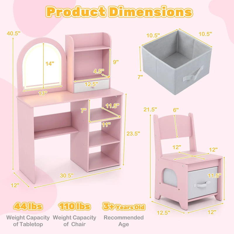 Kids Vanity Set Princess Girls Makeup Vanity Desk with Chair and 3-Color LED Lighted Mirror by DirectDeals