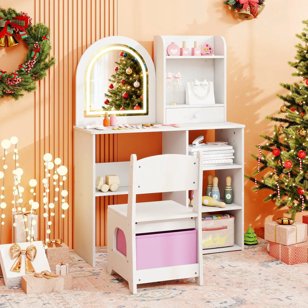 Kids Vanity Set Princess Girls Makeup Vanity Desk with Chair and 3-Color LED Lighted Mirror by DirectDeals