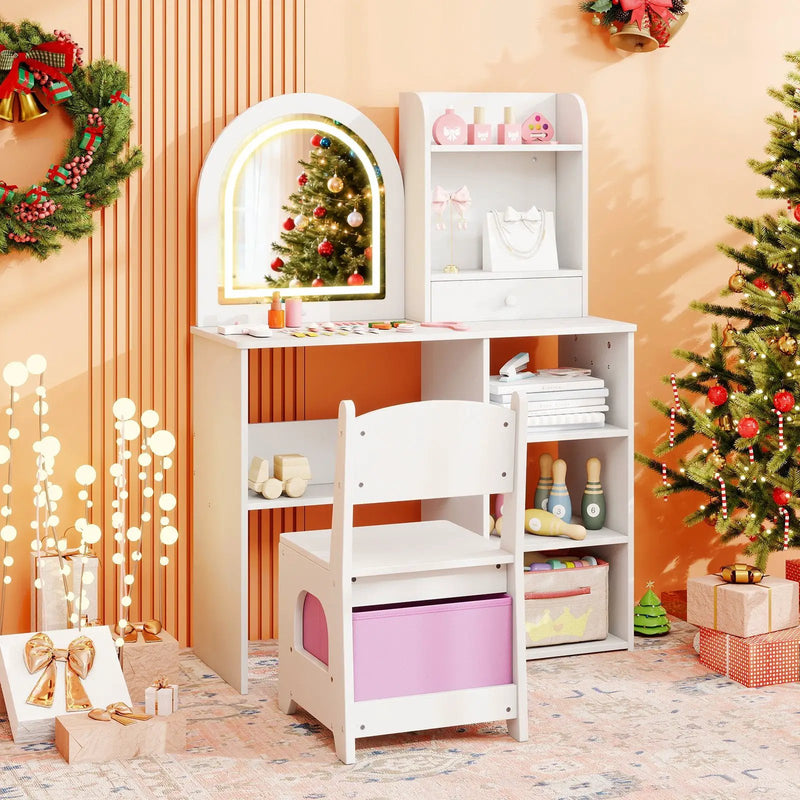 Kids Vanity Set Princess Girls Makeup Vanity Desk with Chair and 3-Color LED Lighted Mirror by DirectDeals