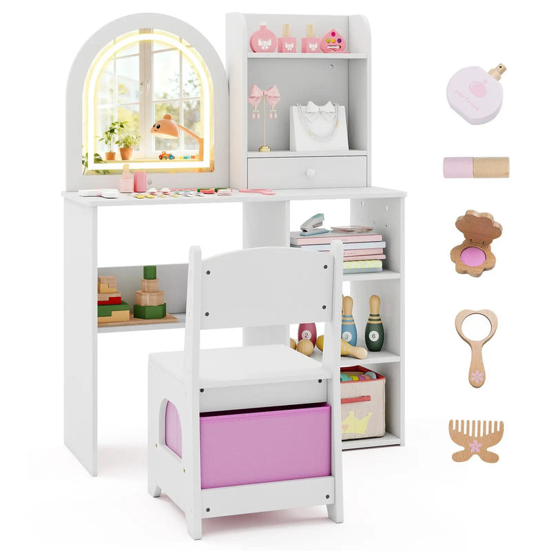 Kids Vanity Set Princess Girls Makeup Vanity Desk with Chair and 3-Color LED Lighted Mirror by DirectDeals