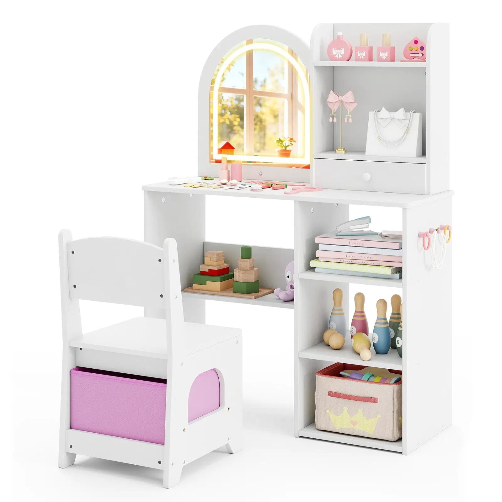 Kids Vanity Set Princess Girls Makeup Vanity Desk with Chair and 3-Color LED Lighted Mirror by DirectDeals