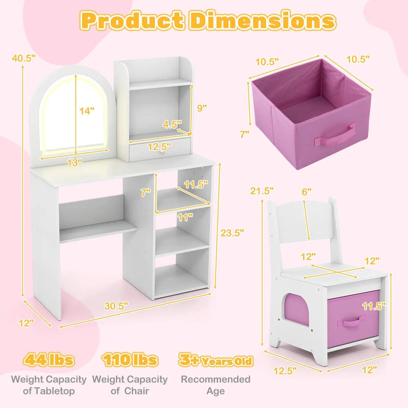 Kids Vanity Set Princess Girls Makeup Vanity Desk with Chair and 3-Color LED Lighted Mirror by DirectDeals