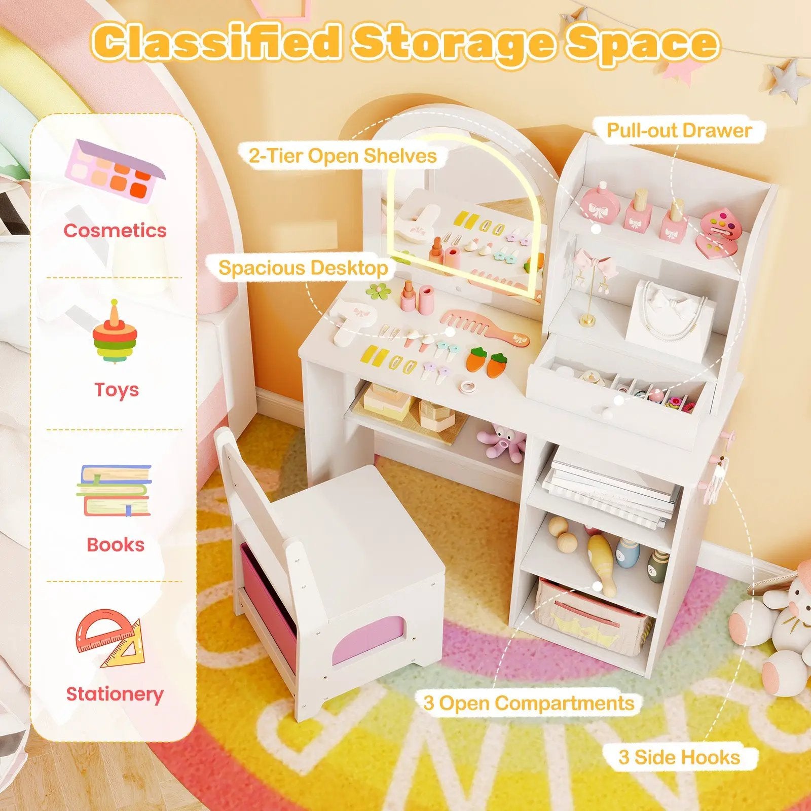 Kids Vanity Set Princess Girls Makeup Vanity Desk with Chair and 3-Color LED Lighted Mirror by DirectDeals