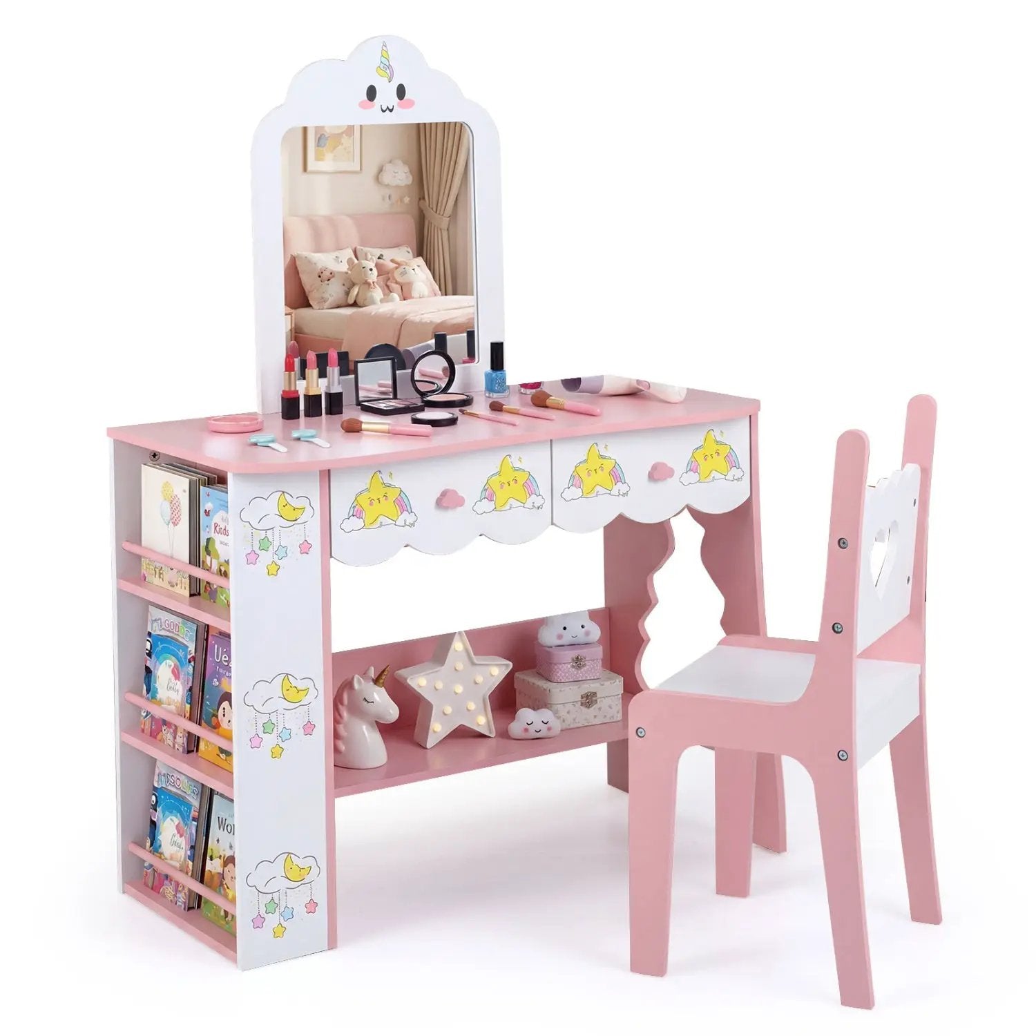 Kids Vanity Set Princess Girls Makeup Table with Mirror and Chair by DirectDeals