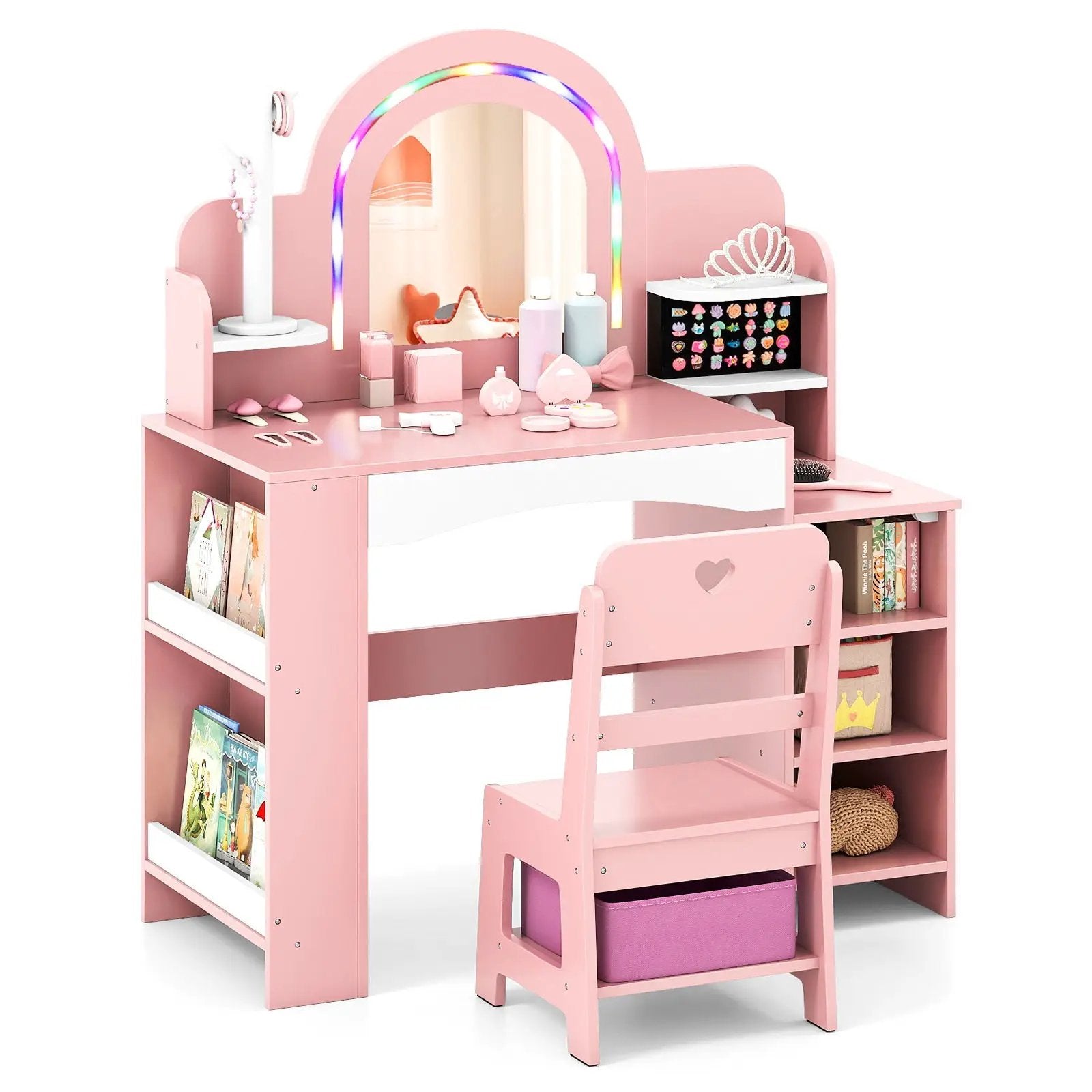 Kids Vanity Set with Colorful LED Lights Princess Makeup Dressing Table with Chair by DirectDeals