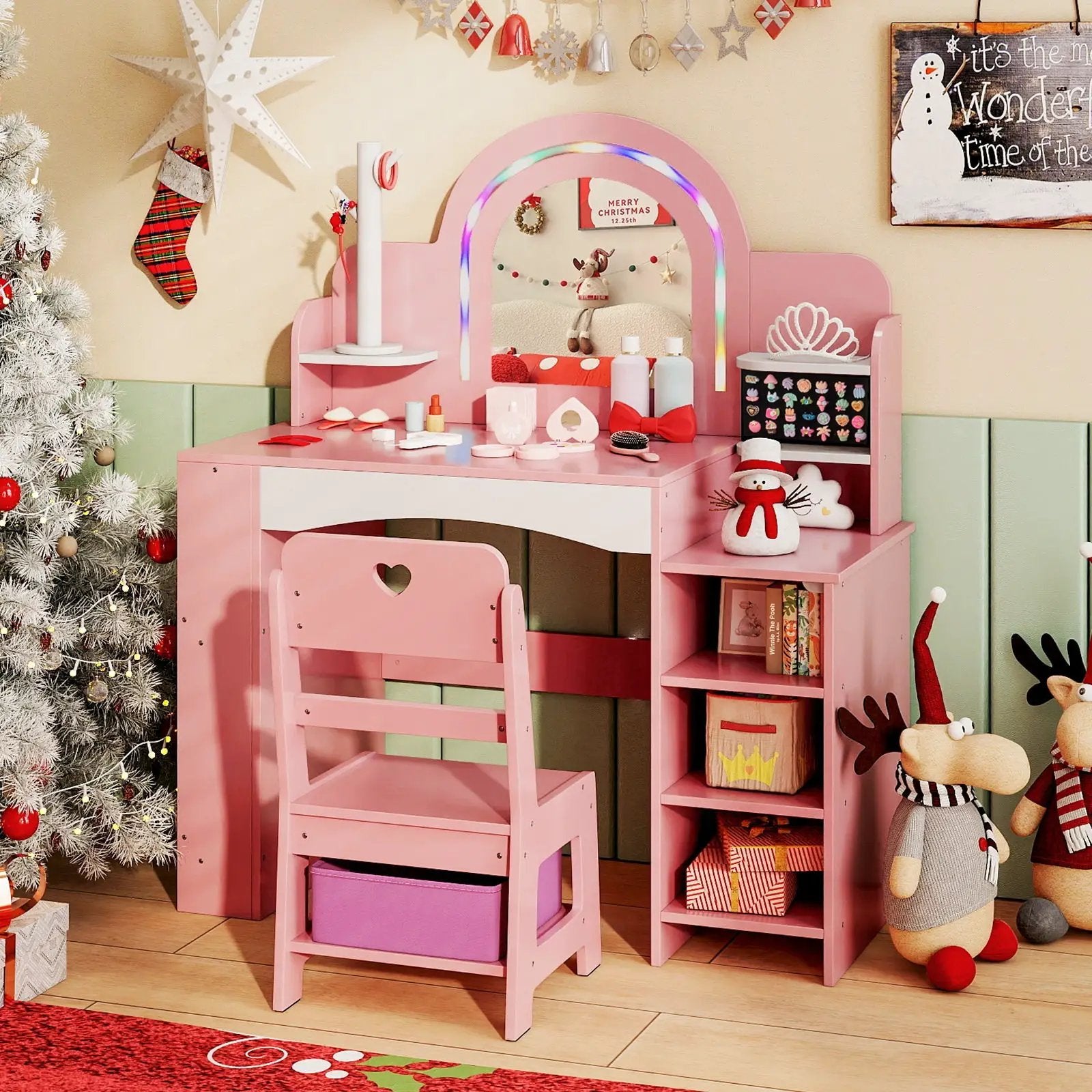 Kids Vanity Set with Colorful LED Lights Princess Makeup Dressing Table with Chair by DirectDeals