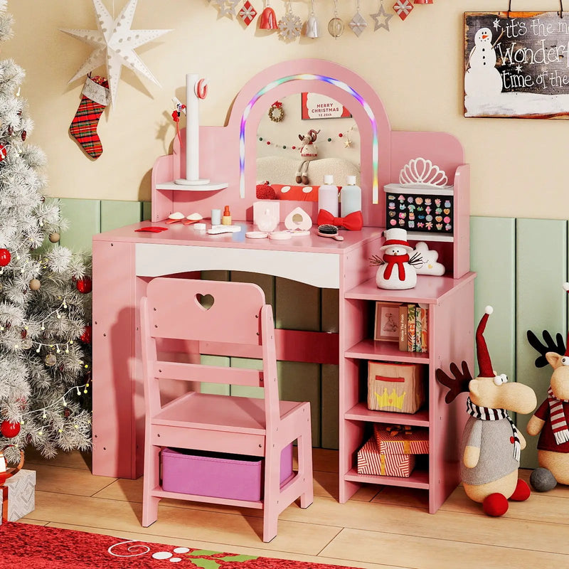 Kids Vanity Set with Colorful LED Lights Princess Makeup Dressing Table with Chair by DirectDeals