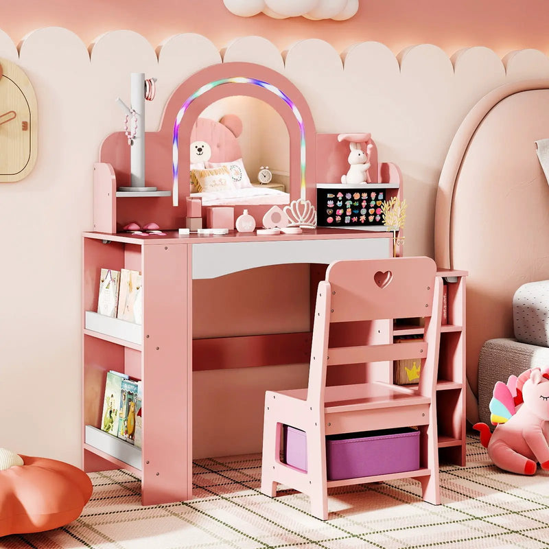 Kids Vanity Set with Colorful LED Lights Princess Makeup Dressing Table with Chair by DirectDeals