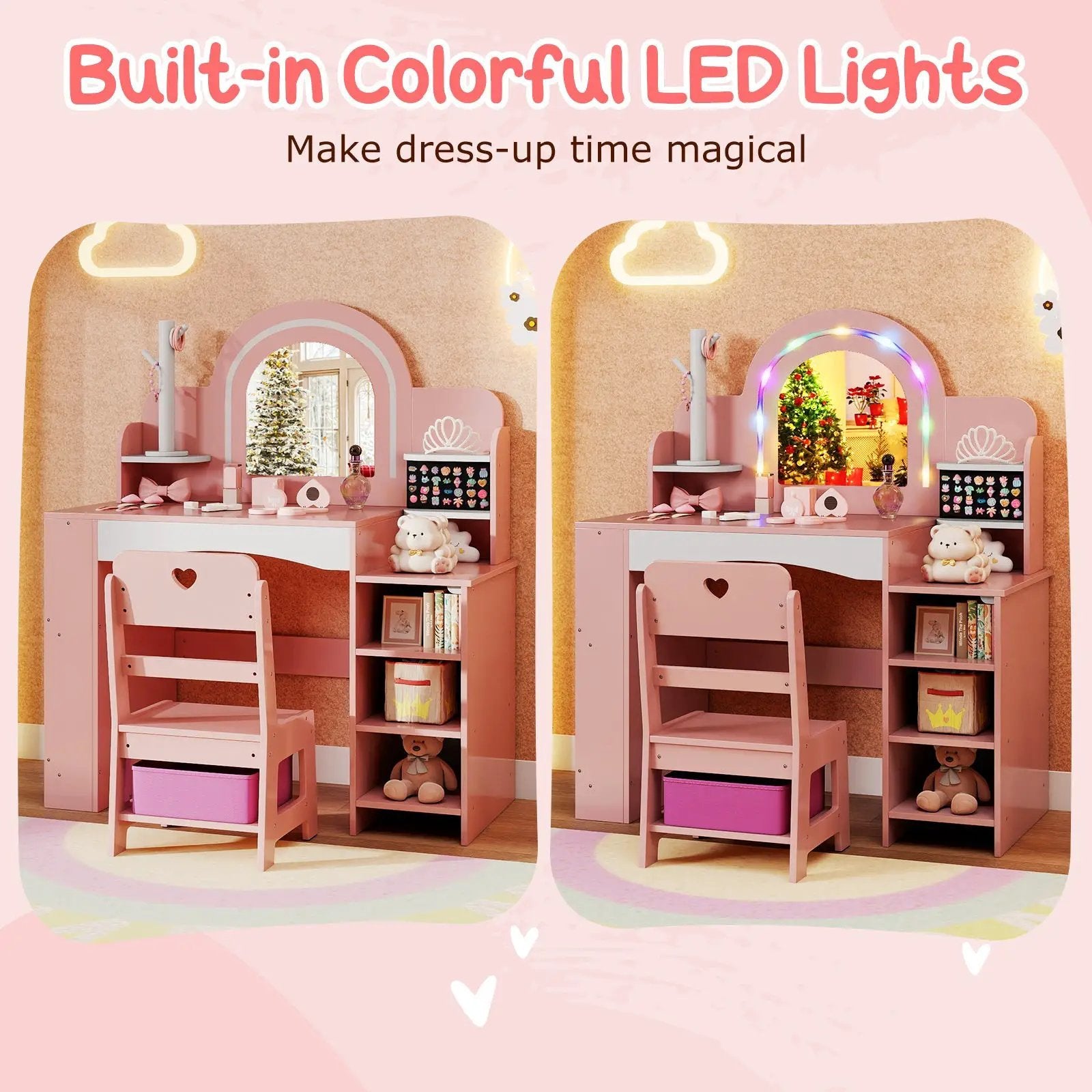 Kids Vanity Set with Colorful LED Lights Princess Makeup Dressing Table with Chair by DirectDeals