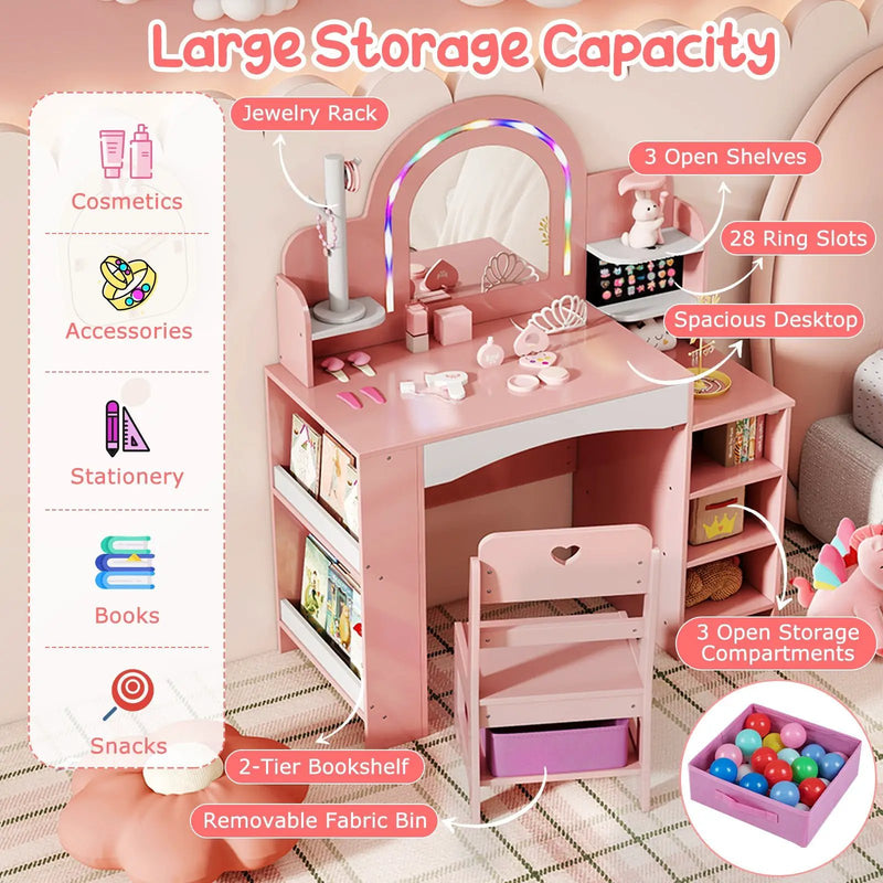 Kids Vanity Set with Colorful LED Lights Princess Makeup Dressing Table with Chair by DirectDeals