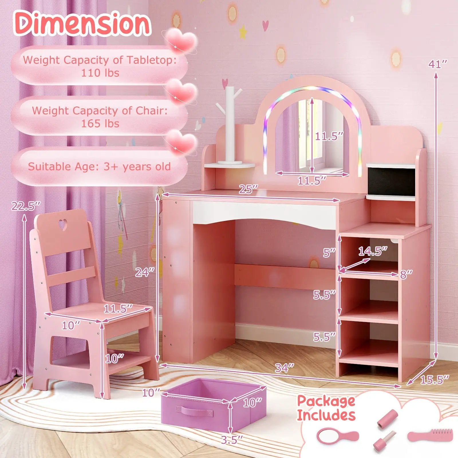 Kids Vanity Set with Colorful LED Lights Princess Makeup Dressing Table with Chair by DirectDeals