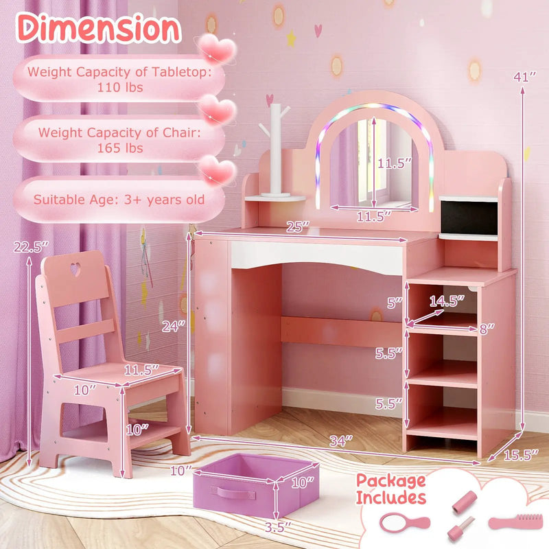Kids Vanity Set with Colorful LED Lights Princess Makeup Dressing Table with Chair by DirectDeals