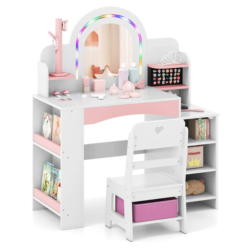 Kids Vanity Set with Colorful LED Lights Princess Makeup Dressing Table with Chair by DirectDeals