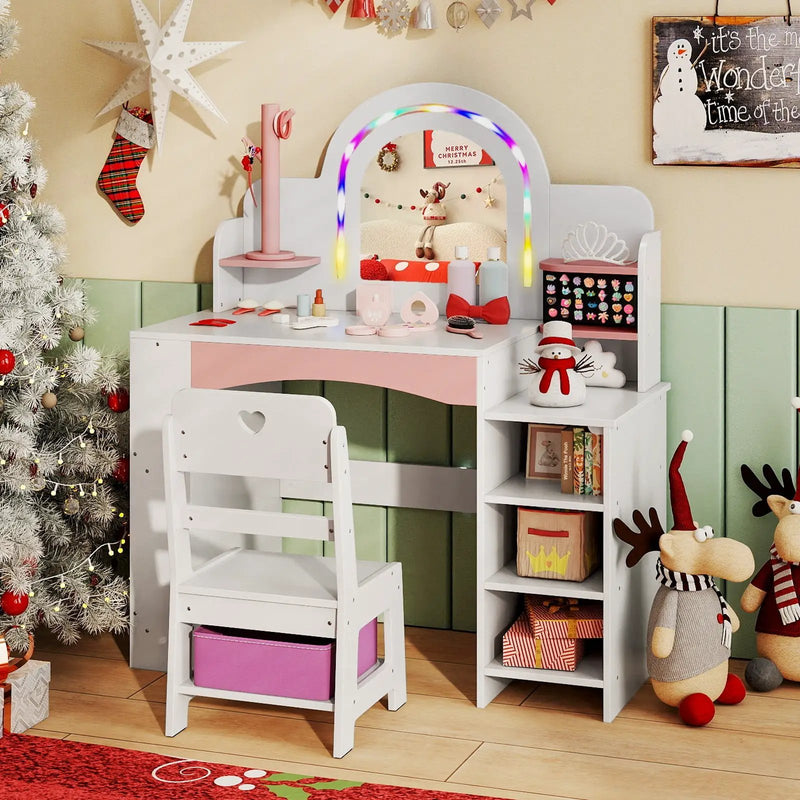 Kids Vanity Set with Colorful LED Lights Princess Makeup Dressing Table with Chair by DirectDeals