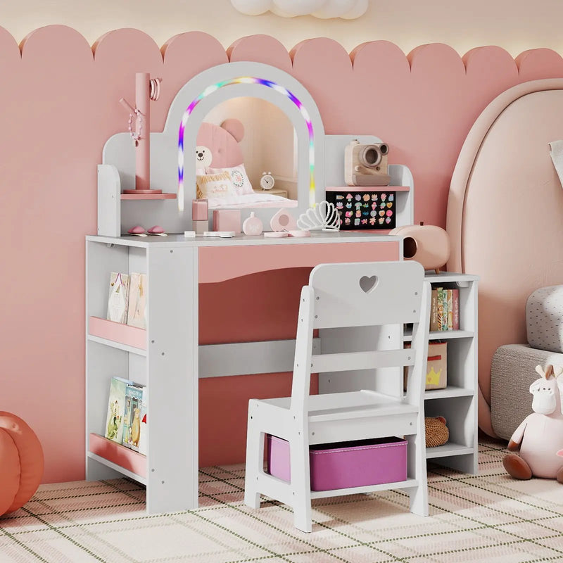 Kids Vanity Set with Colorful LED Lights Princess Makeup Dressing Table with Chair by DirectDeals