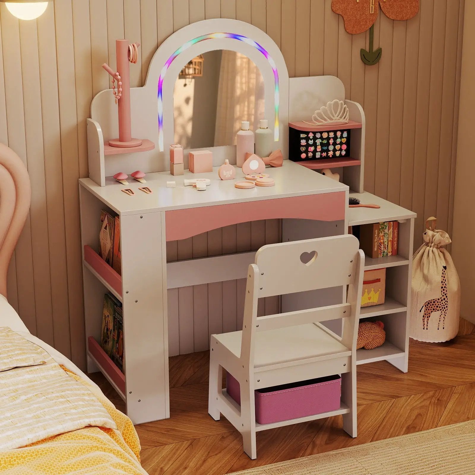 Kids Vanity Set with Colorful LED Lights Princess Makeup Dressing Table with Chair by DirectDeals