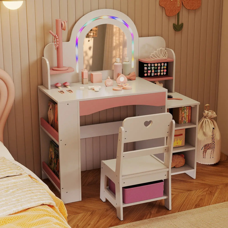 Kids Vanity Set with Colorful LED Lights Princess Makeup Dressing Table with Chair by DirectDeals