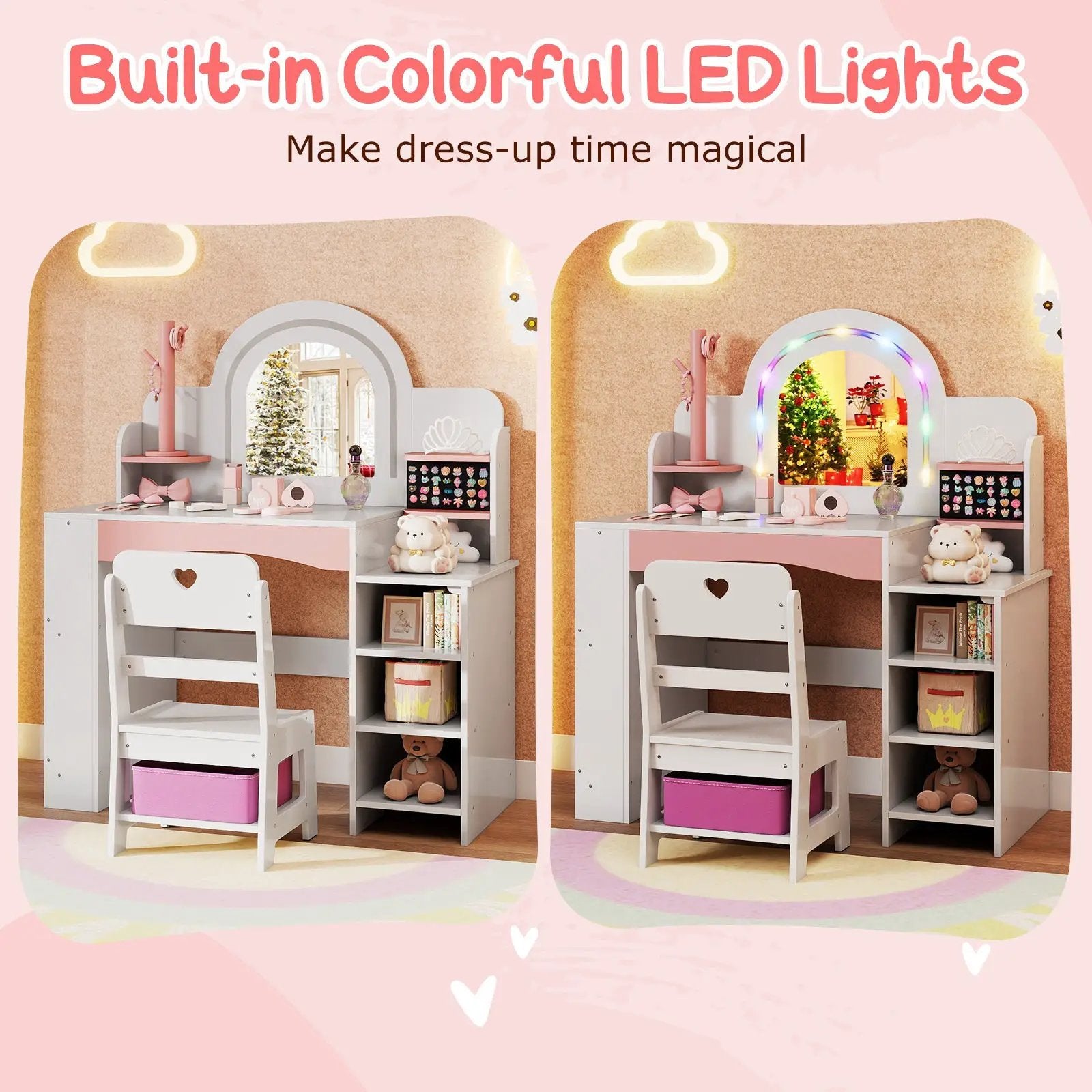 Kids Vanity Set with Colorful LED Lights Princess Makeup Dressing Table with Chair by DirectDeals
