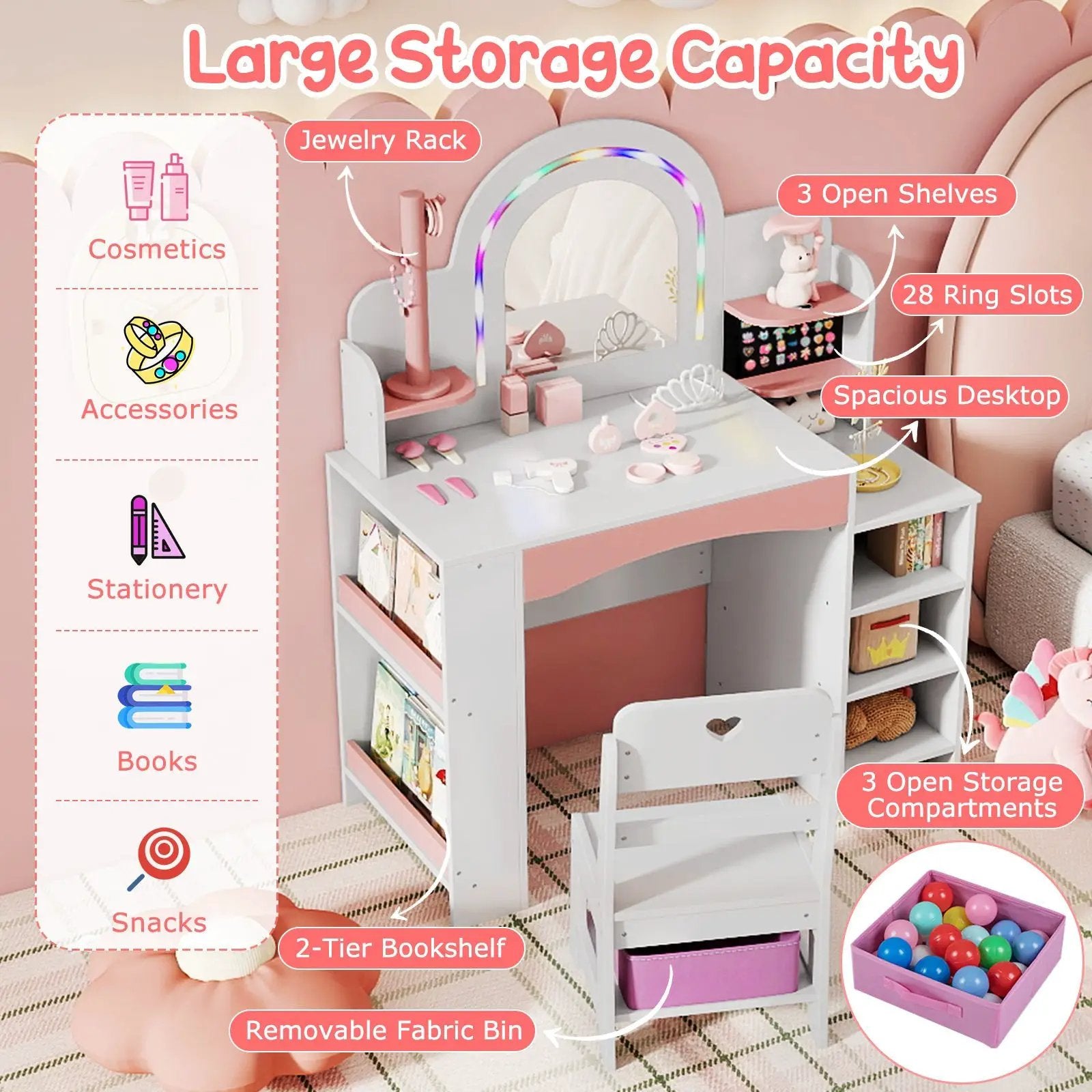 Kids Vanity Set with Colorful LED Lights Princess Makeup Dressing Table with Chair by DirectDeals