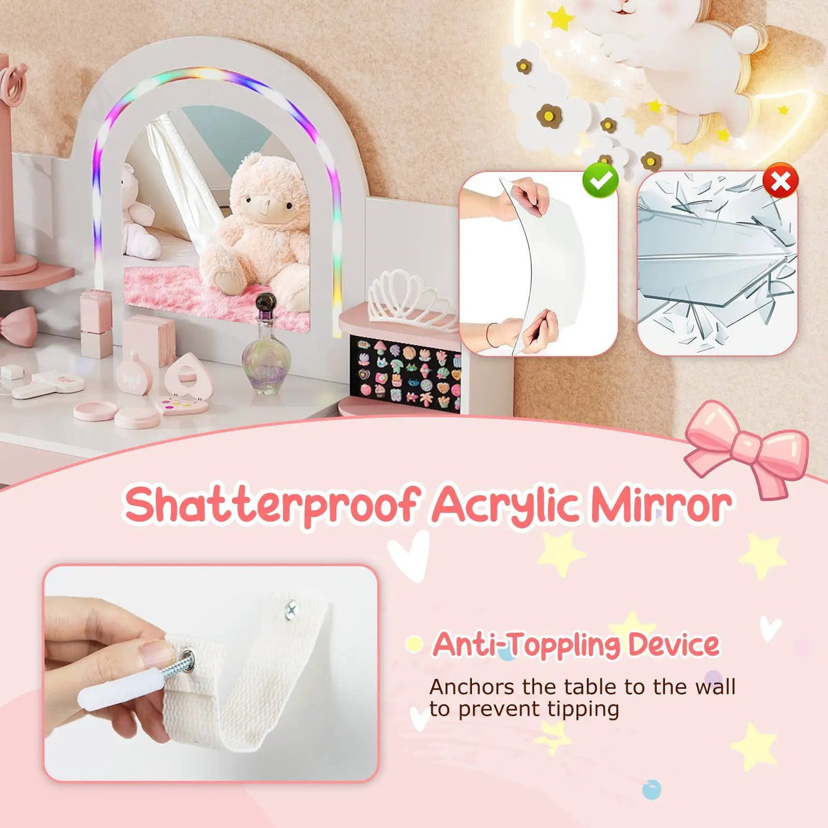 Kids Vanity Set with Colorful LED Lights Princess Makeup Dressing Table with Chair by DirectDeals