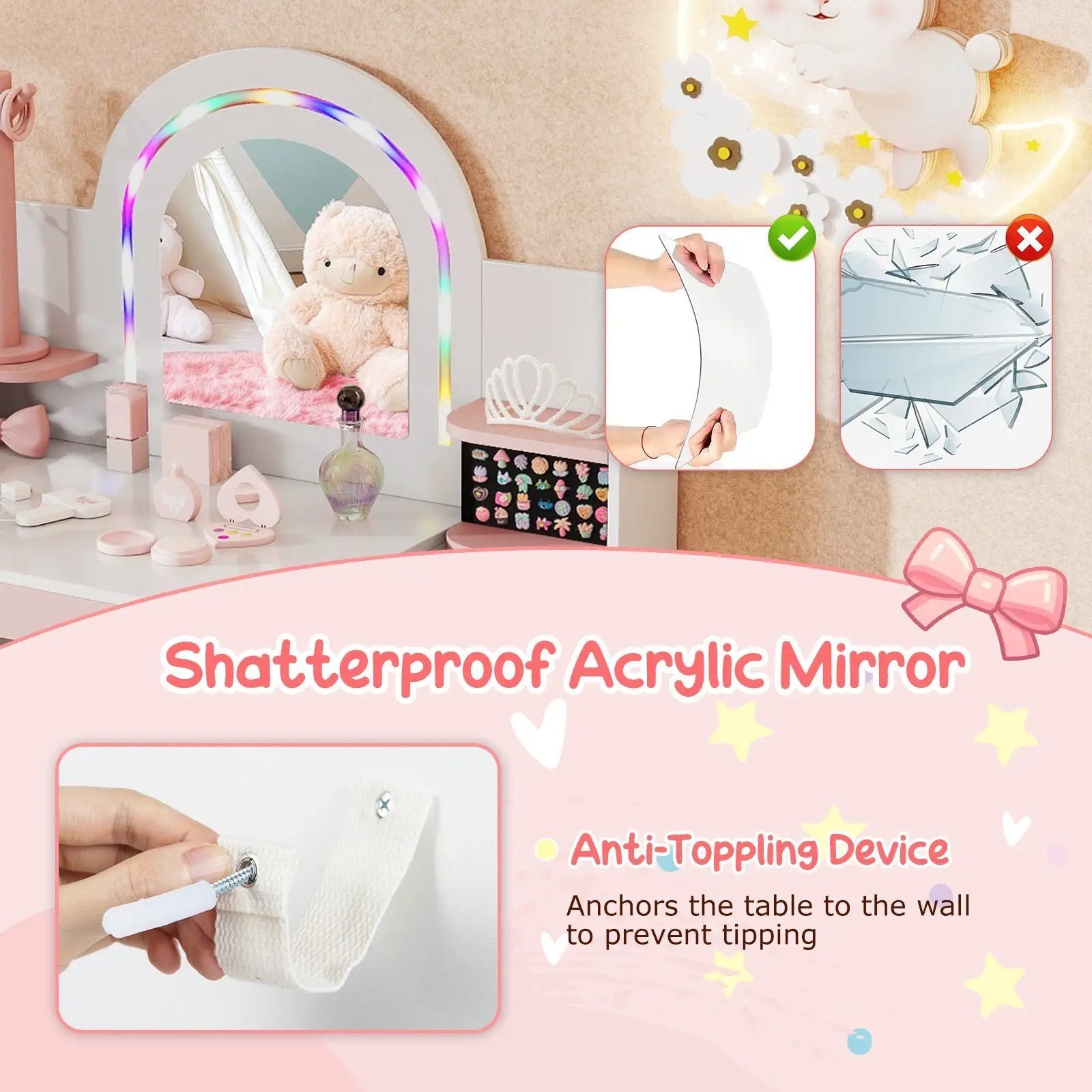 Kids Vanity Set with Colorful LED Lights Princess Makeup Dressing Table with Chair by DirectDeals