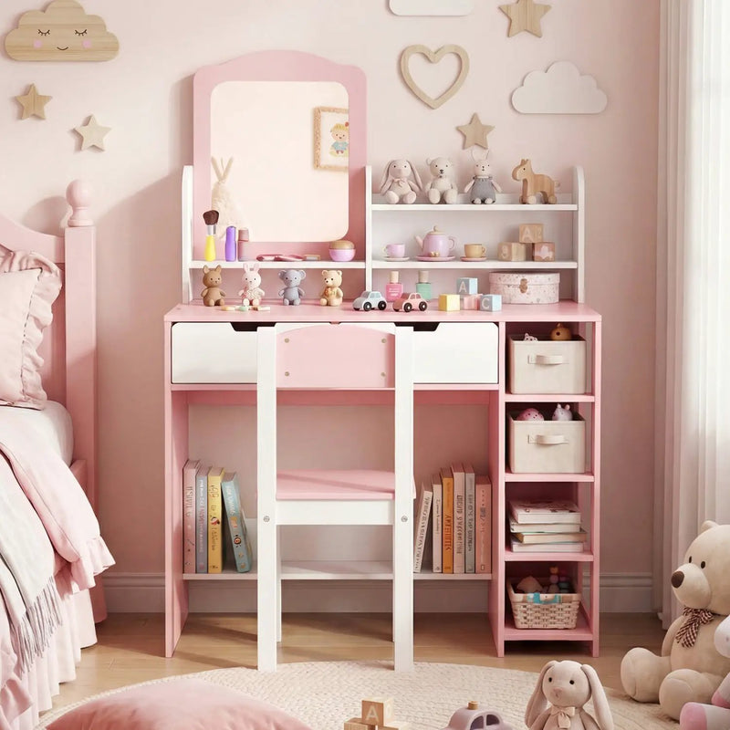 Kids Vanity Set with Chair and Mirror Makeup Dressing Desk with Storage Shelves and Drawers by DirectDeals
