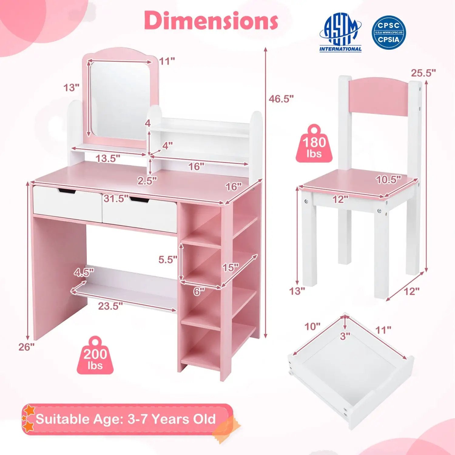 Kids Vanity Set with Chair and Mirror Makeup Dressing Desk with Storage Shelves and Drawers by DirectDeals
