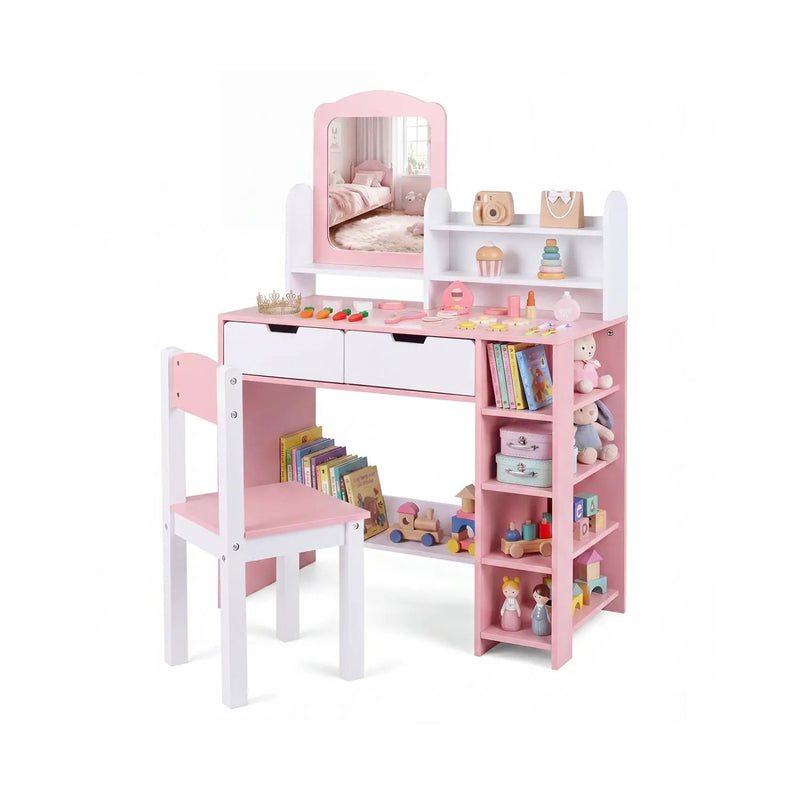 Kids Vanity Set with Chair and Mirror Makeup Dressing Desk with Storage Shelves and Drawers by DirectDeals