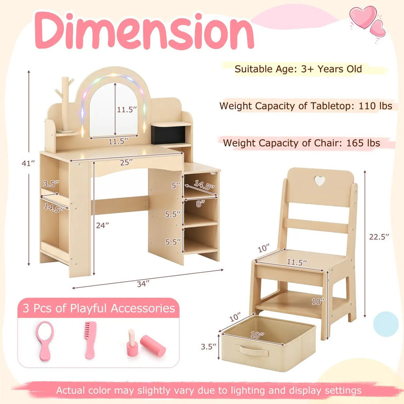 Kids Vanity Set with LED Mirror and Chair - Natural by DirectDeals