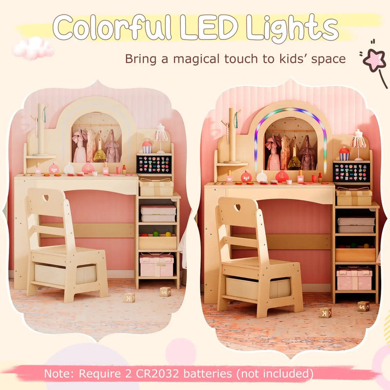 Kids Vanity Set with LED Mirror and Chair - Natural by DirectDeals