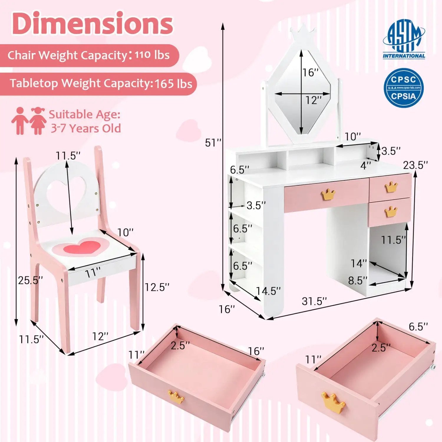 Kids Vanity Set with Crown Mirror and Chair by DirectDeals