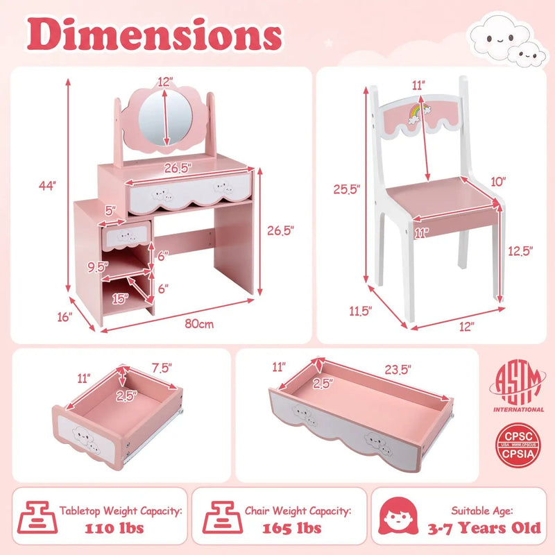 Kids Vanity Set with Rotating Mirror and Chair - Pink by DirectDeals