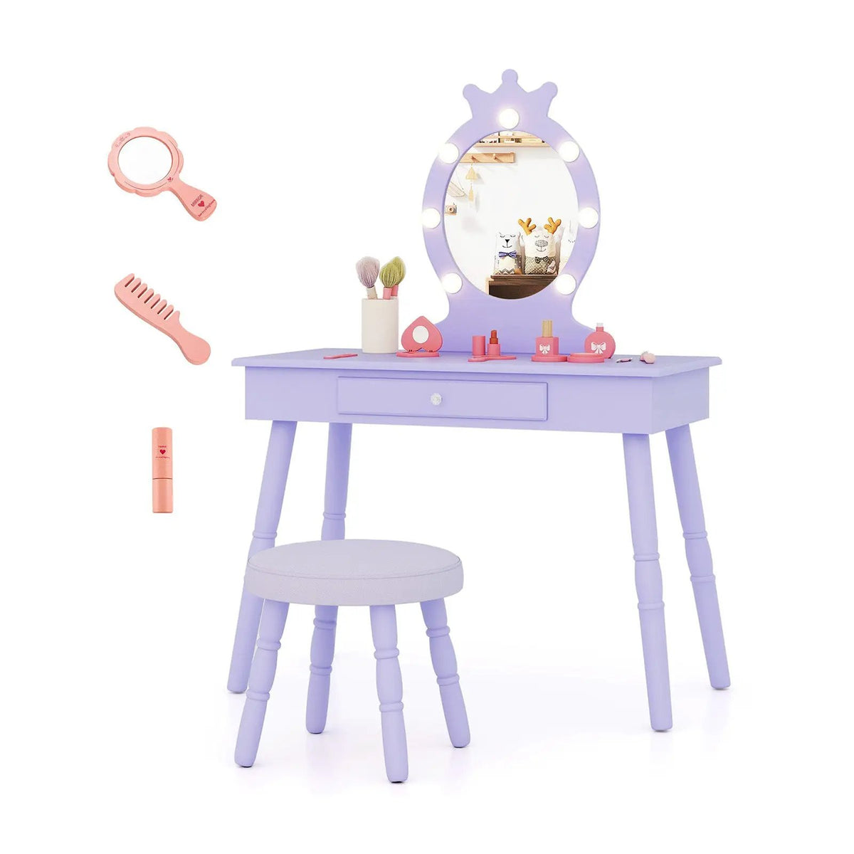 Kids Vanity Set with Lighted Mirror with Adjustable Brightness and Large Drawer by DirectDeals