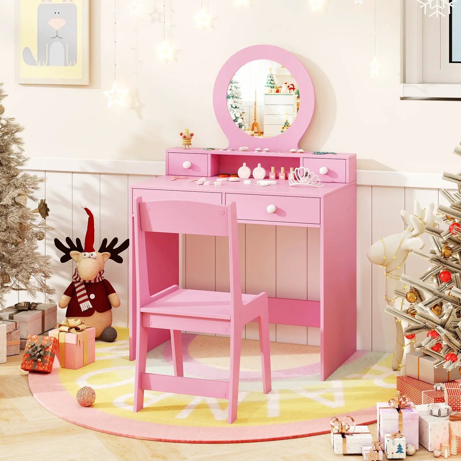 Kids Vanity Set with Mirror Princess Makeup Dressing Desk and Chair Set with Mirror by DirectDeals