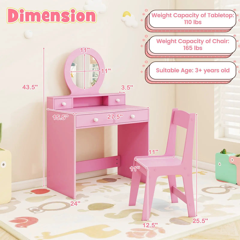Kids Vanity Set with Mirror Princess Makeup Dressing Desk and Chair Set with Mirror by DirectDeals