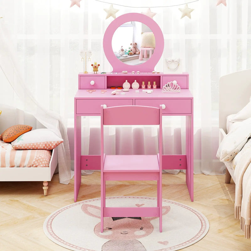 Kids Vanity Set with Mirror Princess Makeup Dressing Desk and Chair Set with Mirror by DirectDeals