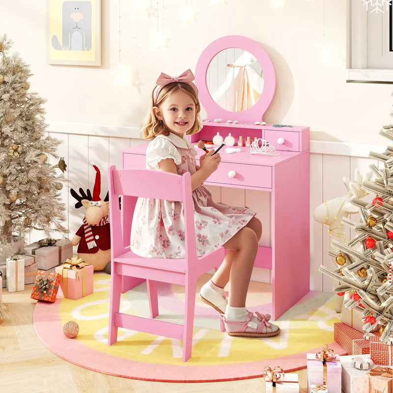 Kids Vanity Set with Mirror Princess Makeup Dressing Desk and Chair Set with Mirror by DirectDeals