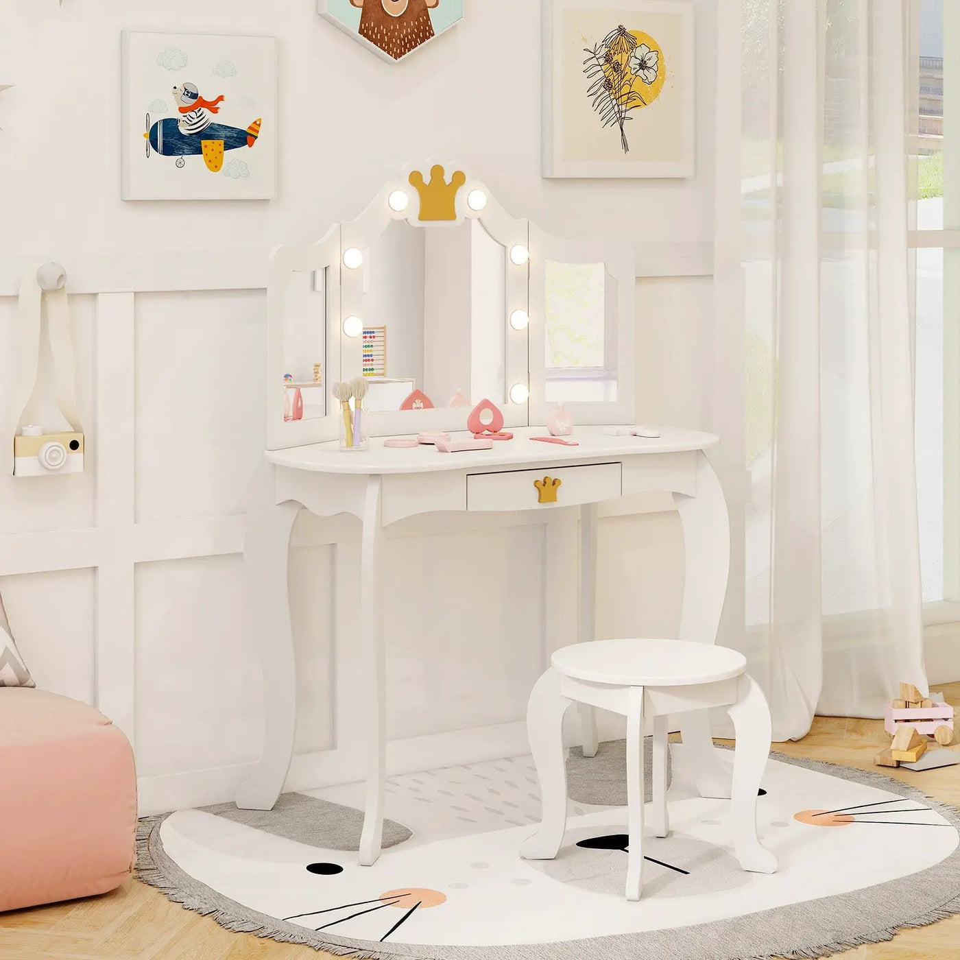 Kids Vanity Set with Tri-fold Lighted Mirror Detachable Top and Stool by DirectDeals
