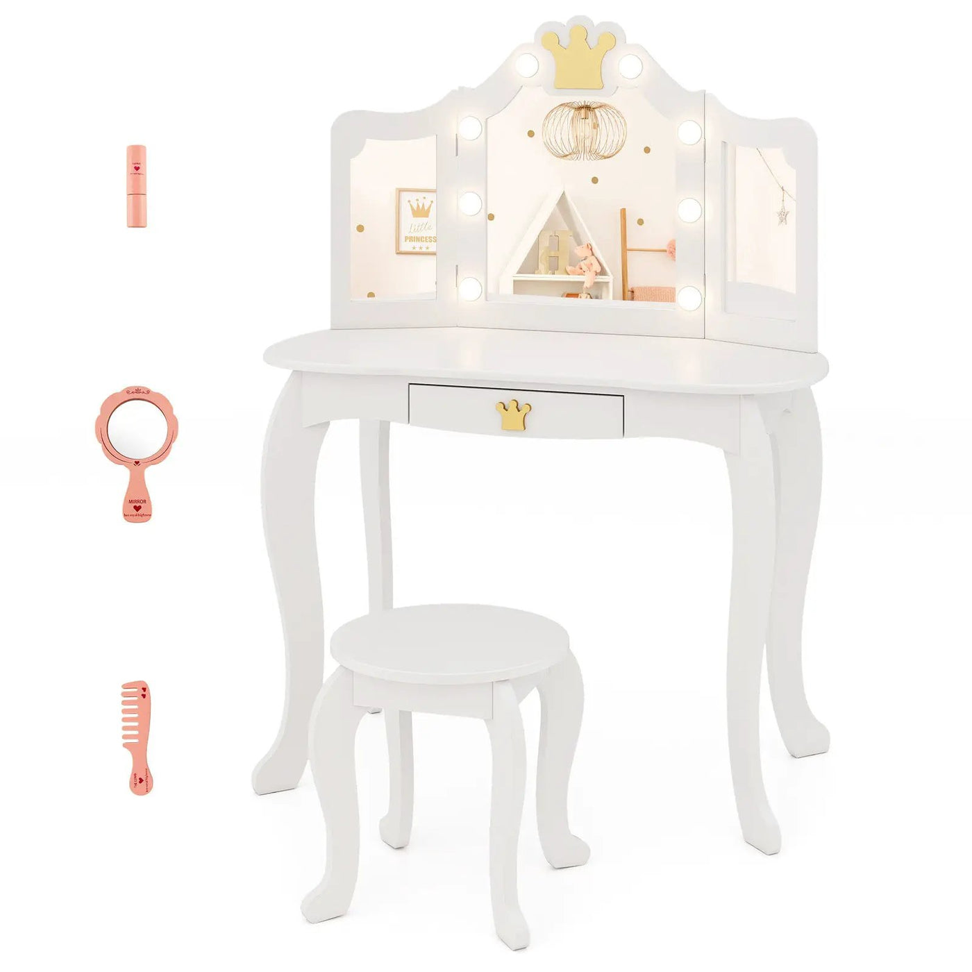 Kids Vanity Set with Tri-fold Lighted Mirror Detachable Top and Stool by DirectDeals