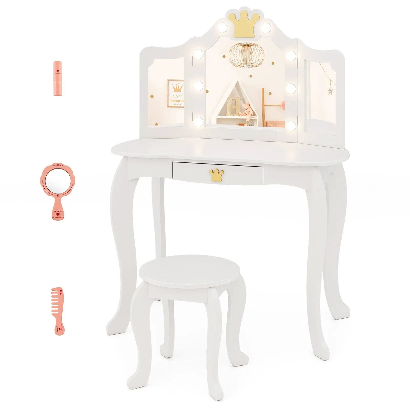 Kids Vanity Set with Tri-fold Lighted Mirror Detachable Top and Stool by DirectDeals