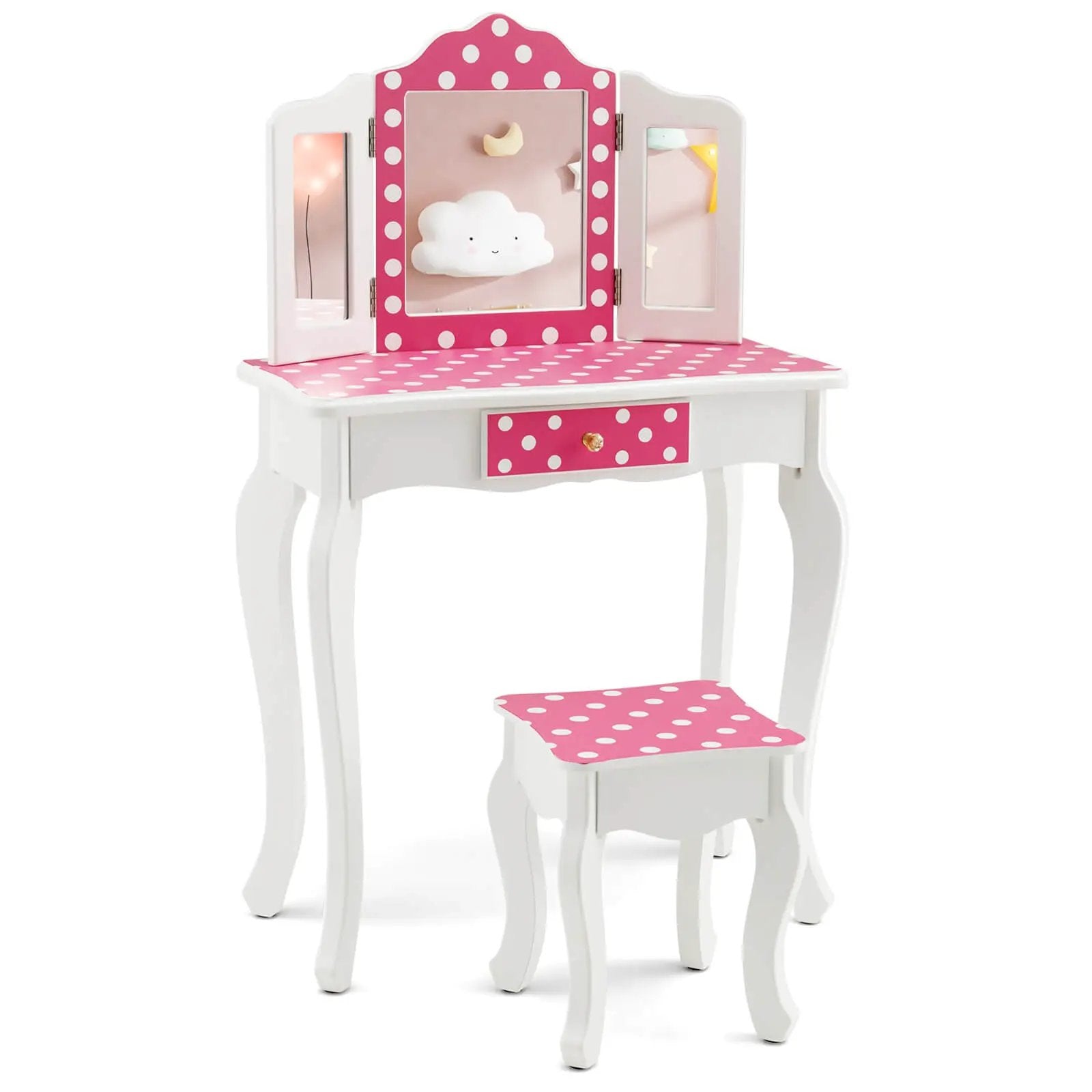Kids Vanity Table and Stool Set with Cute Polka Dot Print-Pink by DirectDeals