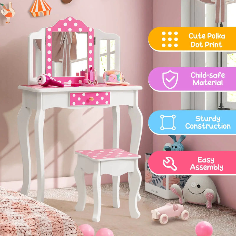 Kids Vanity Table and Stool Set with Cute Polka Dot Print-Pink by DirectDeals